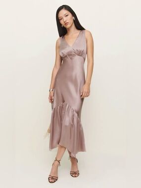 👗NWT Reformation Cordia Silk Sleeveless V-Neck Midi Dress in Incense Size 0
